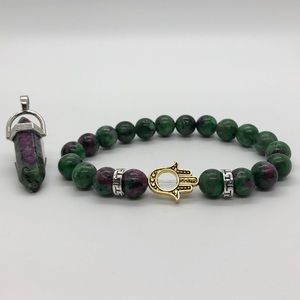*BUNDLE* Ruby Zoisite Necklace W/ Hamsa Bracelet